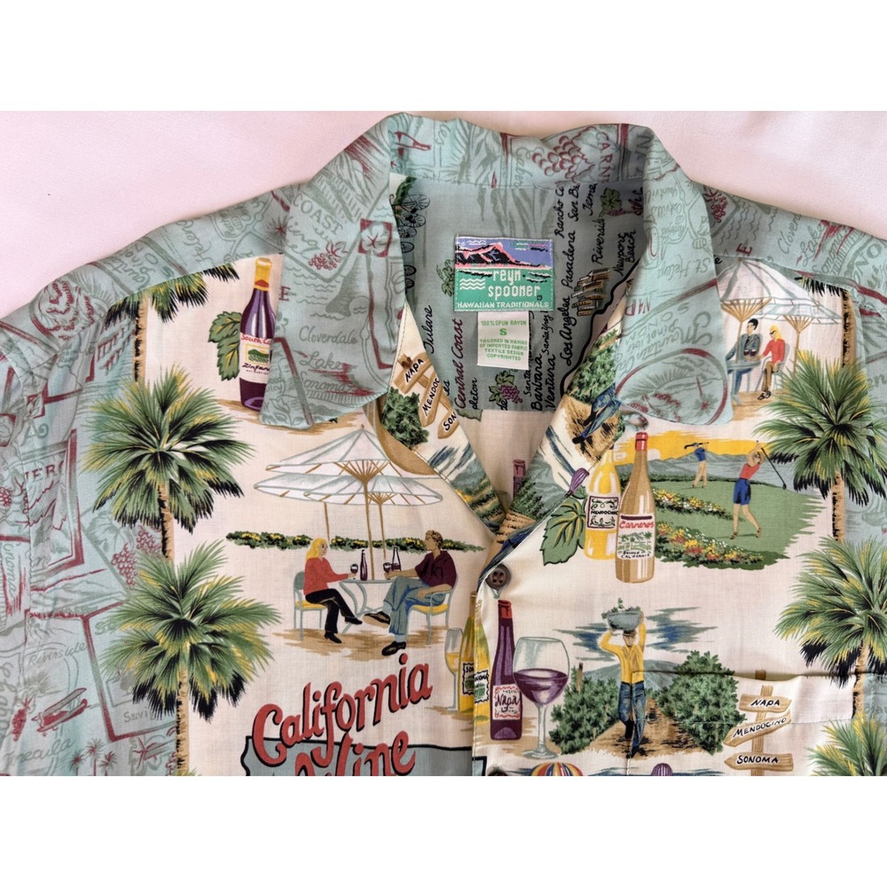 Reyn Spooner California Wine Map Shirt Mens Small Rayon Hawaiian Camp Green S - Picture 3 of 8